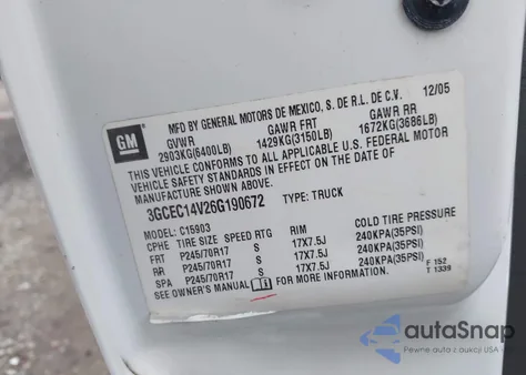 2006 Chevrolet Silverado 1500 Work Truck z USA, uszkodzony, nr VIN 3GCEC14V26G190672